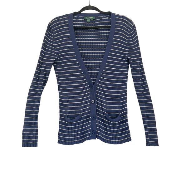 Lauren Ralph Lauren Navy White Striped Cotton Cardigan Sweater L coastal - Picture 1 of 5